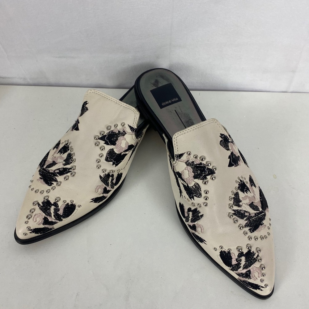Dolce Vita‎ Embroidered Studded Mules Cream Floral Pointed Toe Slip On Flats 9.5